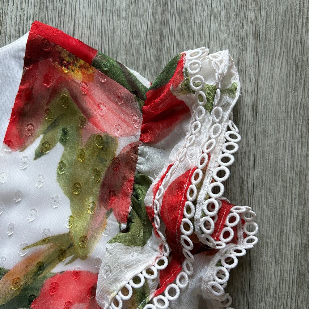 Anne Klein White Red Green Floral Short Sleeve Tier Long Maxi Dress Size Medium - Picture 3 of 11